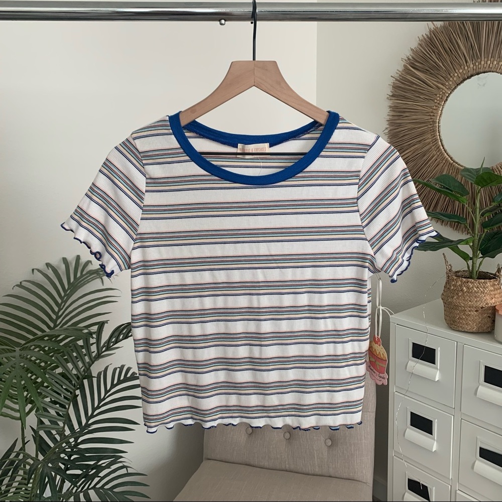 🪴$5/25🪴 NWT Y2K Striped Ribbed Babydoll Cropped T-Shirt Short Sleeve Tee Large